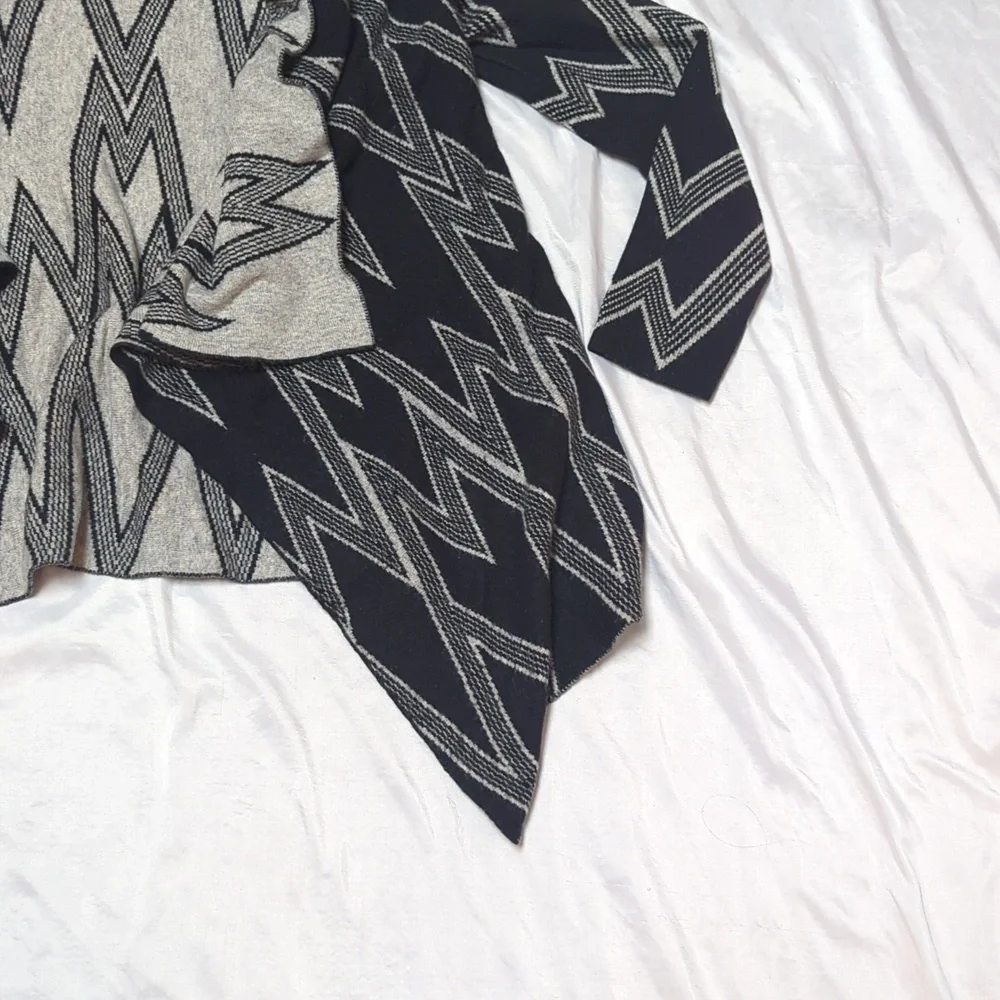 In Style Asymmetrical Open Front Black & Grey Waterfall Cardigan Angora Blend